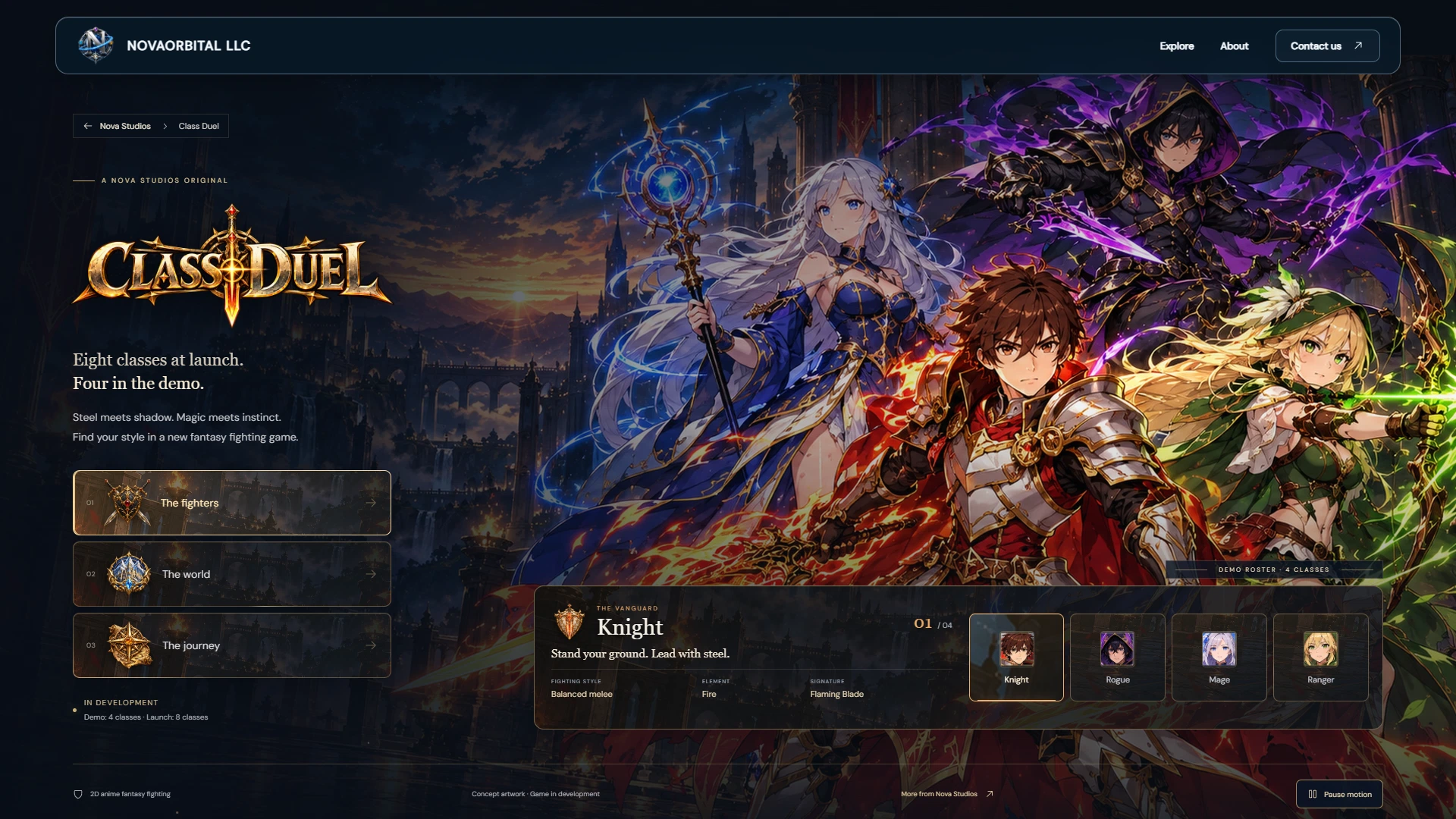 Class Duel dedicated game page with the four fighters, gold title logo, and interactive character menu