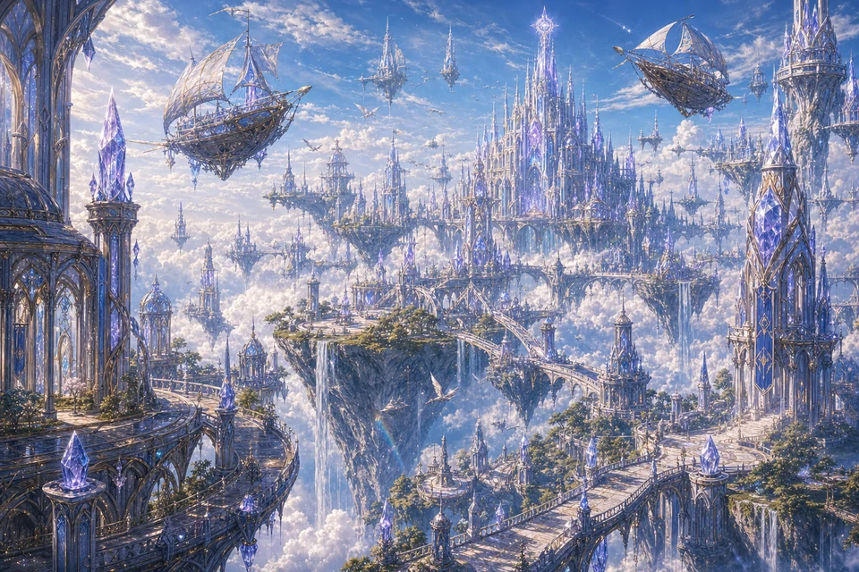 Aurion, the floating crystal capital of Celestara