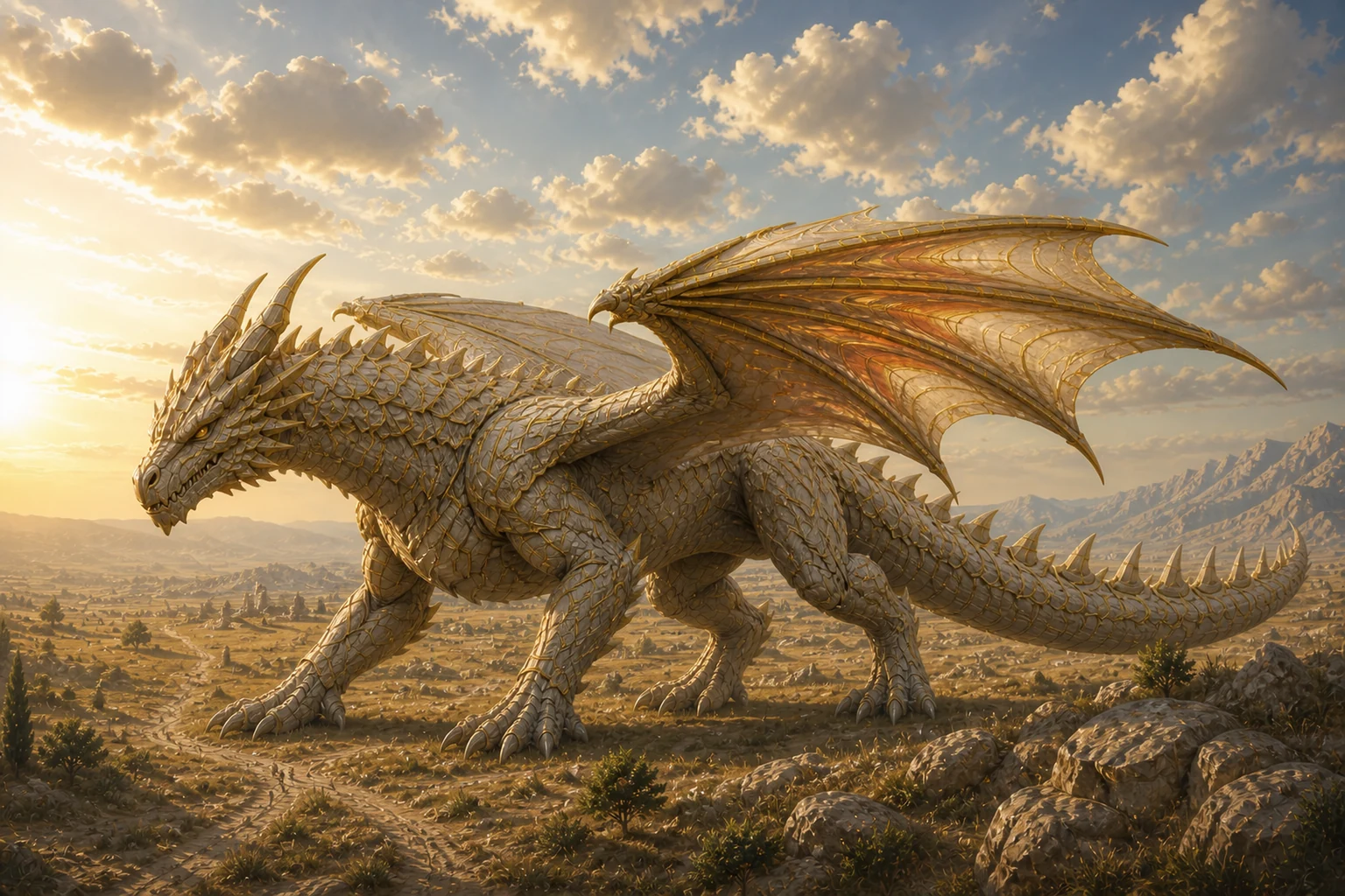 Auric Steppewalker, a long four-legged dragon with two wings crossing the Solaran steppe