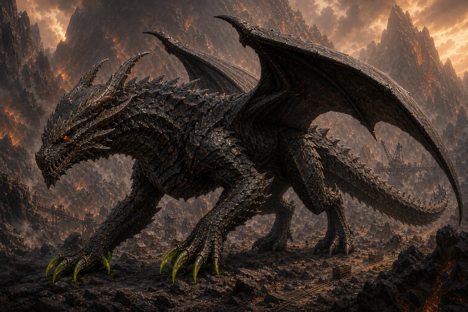 Basalt Crownhauler, a massive four-legged black-stone dragon with two wings in Ironreach