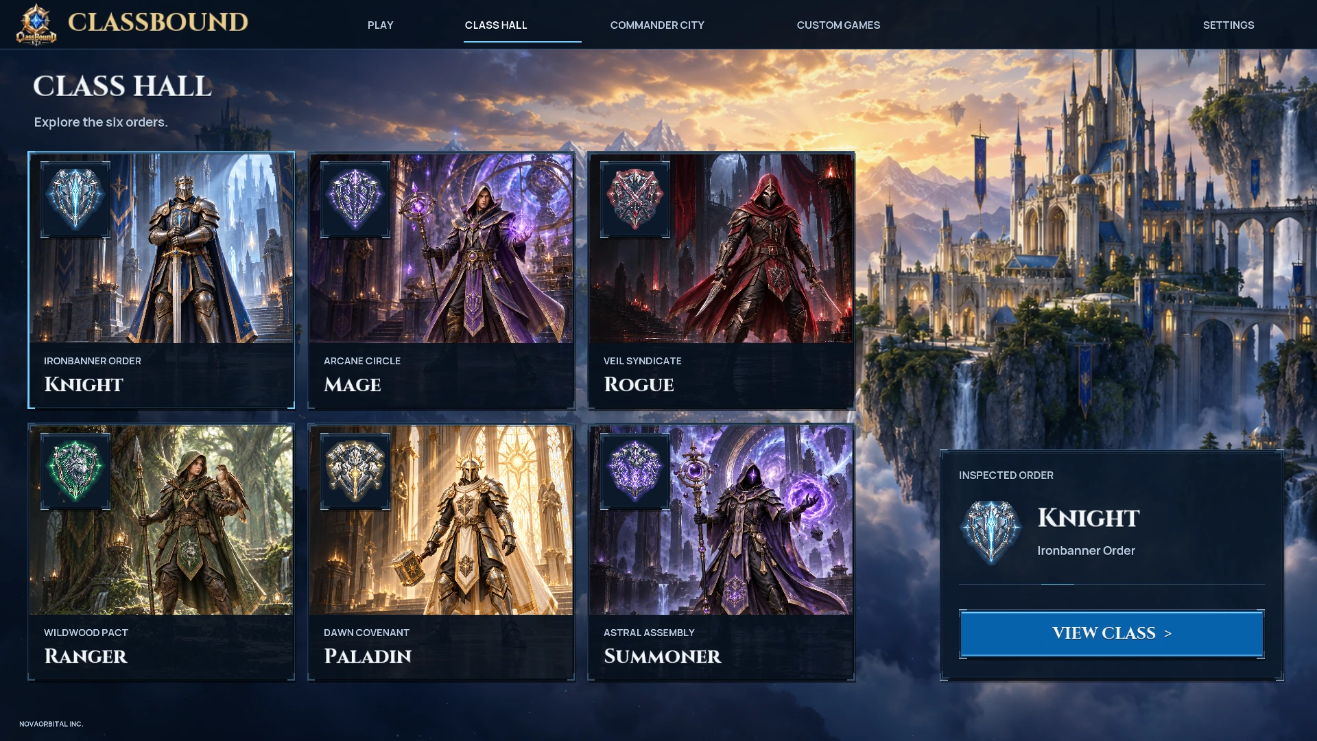 ClassBound Class Hall menu showing all six commander classes