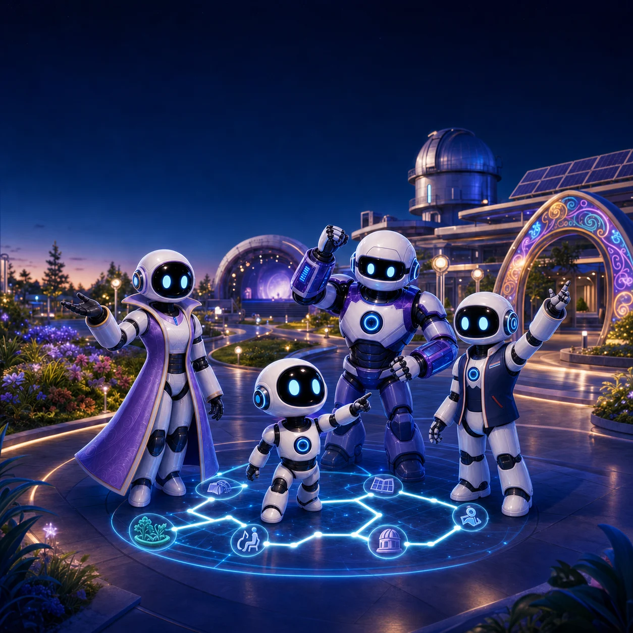 Scout and the Orbit Bots working together in Orbit City