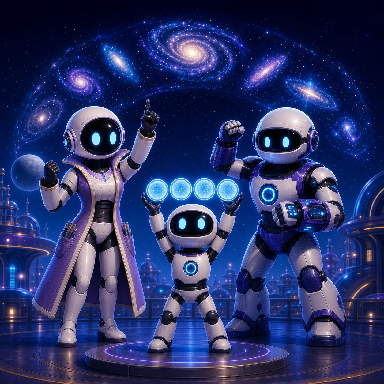 Scout celebrates a discovery with fellow Orbit Bots beneath a sky full of galaxies