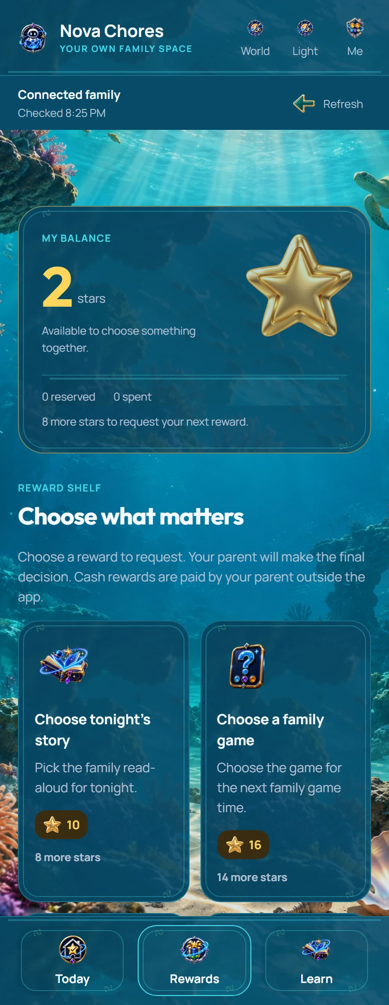 Actual child rewards view with star balance and parent-set offers