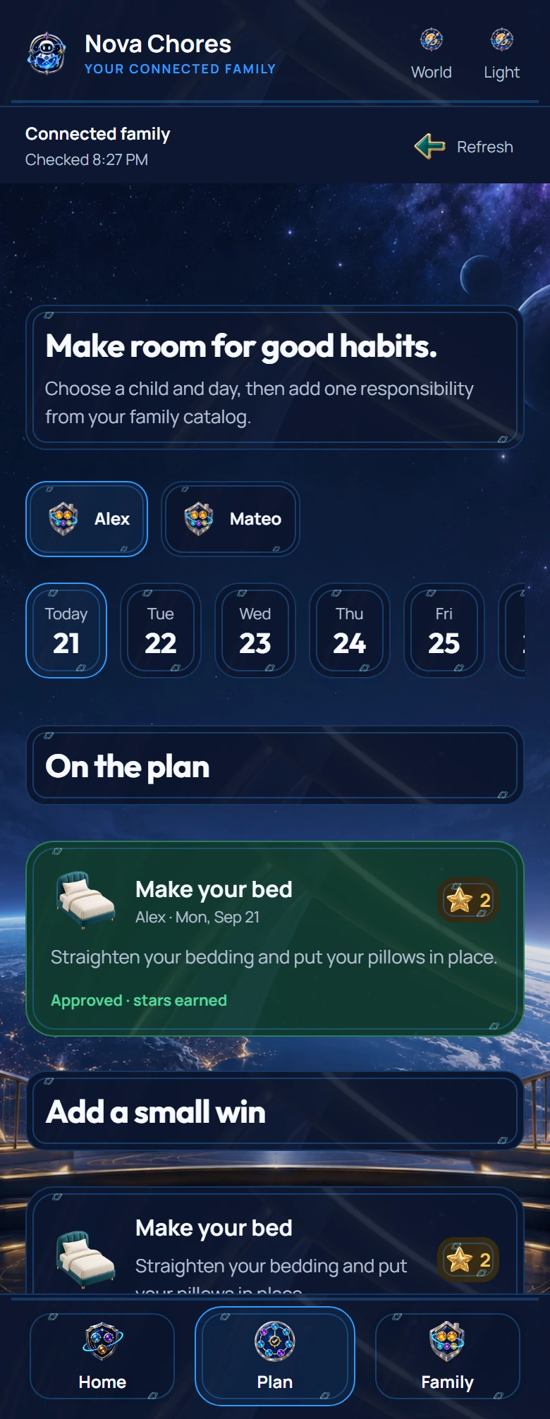 Actual parent weekly plan with assigned responsibilities