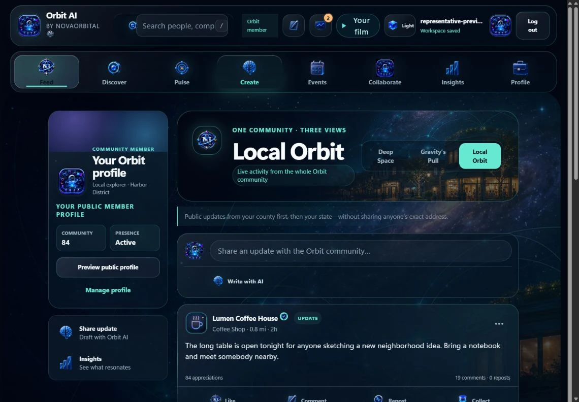 Orbit AI community feed with sample local posts and events